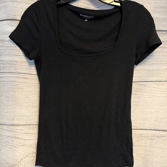 Abercrombie & Fitch Black Ribbed Square Neck Short Sleeve Top S - Picture 1 of 3